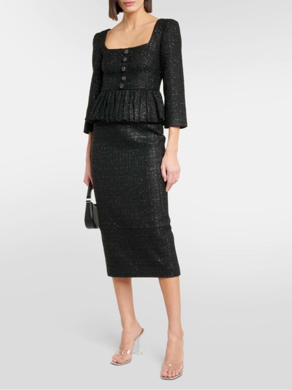 Self-Portrait Black Bouclé Peplum Midi Dress NWT | US 8 / UK 12